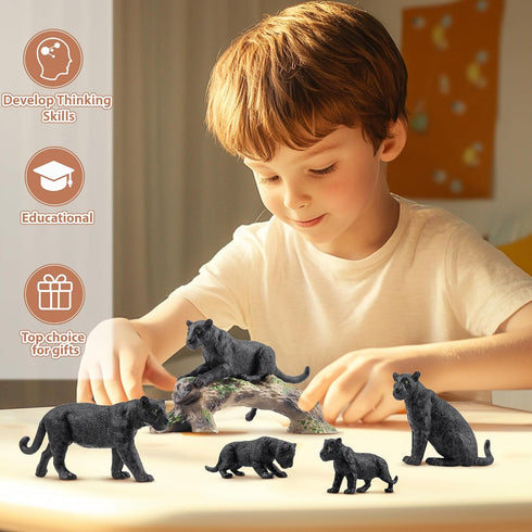 7PCS Playset, Toymany Black Panthers Figurines with Panther Cub and Tree Trunk, Realistic Jungle Animals Figures Family