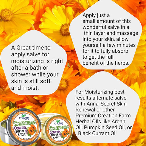 8OZ- (2-4 oz Calendula Comfrey Super Salve Jars), by Creation Farm Balm Soothes Baby Bottoms, Hand Cream for Dry