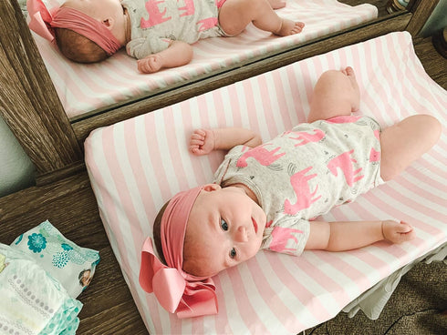 BaeBae Goods 4 Pack Premium Baby Girl Pure Jersey Machine Washable Pink and White Changing Table Cover Diaper Changing