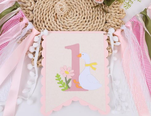 LINLULU 1st One Funny Goose High Chair Banner for Girls - Goose Birthday Decorations for Girls, Pink GooseFirst