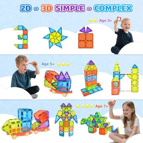 HOTERA 125PCS Set 3D 2 3 4 5 6 7 8 9 Magnetic Tiles Magnetic Building Blocks Magnet Tiles with Cars STEM Educational
