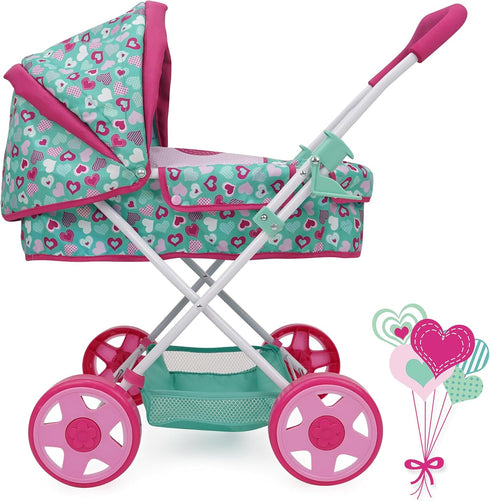 509 3+ Crew: Mint Heart - Daisy Doll Pram - Pink & Green, Bassinet, Storage Basket, Retractable Canopy, Folding