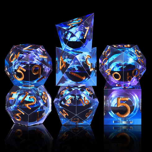AUSTOR 7 Pieces Blue Flame Dragon Resin Dice Set - DND Dice for Role Playing Dungeons and Dragons with Case