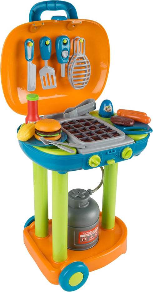 BBQ Grill Toy Set - Interactive Play Kitchen Set with Lights, Sounds, Wheels, Toy Food, and Cooking Accessories