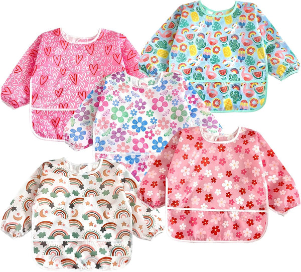 PandaEar 5 Pack Baby Long Sleeve Bibs| Waterproof Full Sleeve Bib for