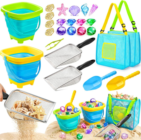 DISHIO Beach Toys for Kids, 25 Pcs Metal Sand Sifter & Collapsible
