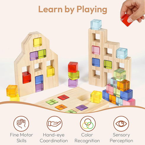 Wooden Building Blocks Set for Kids, 36 PCS Rainbow Acrylic Gem Cubes - Montessori Stacking Toy for Boys Girls 3-6