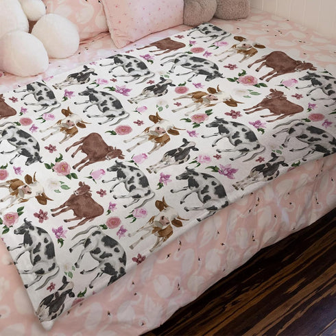 Watercolor Cow Boho Floral Baby Blanket - Farm Animals Flannel Swaddle Blanket for Boys and Girls, 30x40