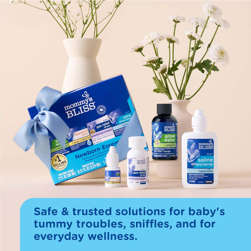 Mommy's 4-Piece 400IU, Bliss Newborn and Baby Essentials Kit - With Gripe Water, Gas Relief Drops, Vitamin D and Saline