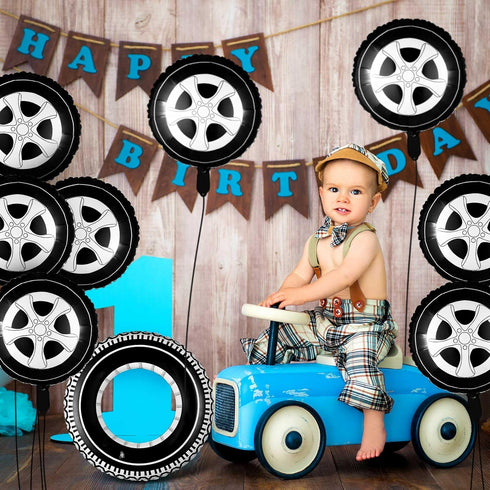 14 Pcs Car Decorations - Racing Cars Birthday Party Supplies with Inflatable Tire Floats and Balloons