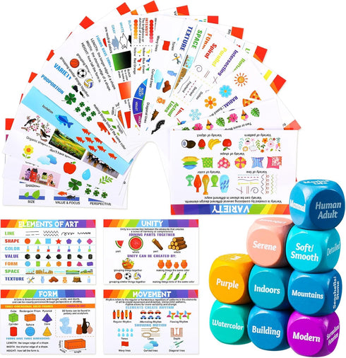 25 Pcs Art Dice Game, 9 Art Inspiration Dice and 16 Education Cards for Creative Drawing and Painting Set