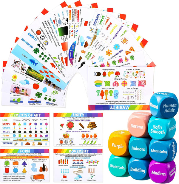 25 Pcs Art Dice Game, 9 Art Inspiration Dice and 16 Education Cards for Creative Drawing and Painting Set