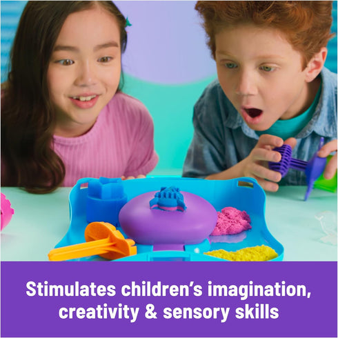 Kinetic Sand SquishMotion Playset with 1lb Pink, Yellow, Blue Play Sand, 5 Tools, Storage Case, Sensory Toys