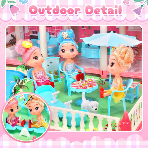 AmiDear 4-Story 11 Playset 3 4 5 6 7 8 9 10 Dollhouse with Rooms, Dream Gift Princess Doll House with Furniture Pool
