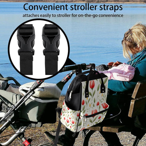 Hsnar Backpack Blooming Tulip Flower Waterproof Diaper Bag Large Capacity Baby Bag with Stroller Straps, Multi-Pocket