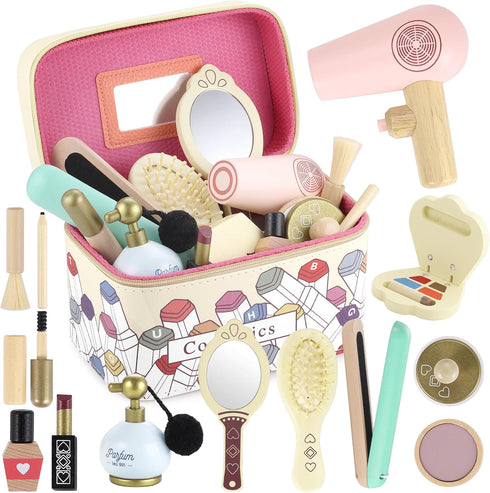 GAGAKU Wooden Makeup Toy Set Wood Hair Salon Playset Toddler Wooden Makeup