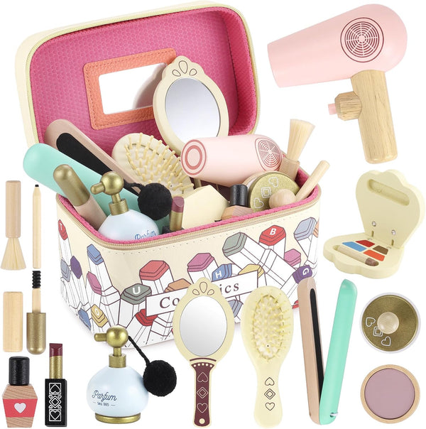 GAGAKU Wooden Makeup Toy Set Wood Hair Salon Playset Toddler Wooden Makeup