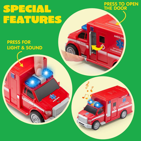 JOYIN 4 Pcs 7" Long Vehicle Toy Set, Toddlers Cars with Lights and Siren Sound, Birthday Party Gifts