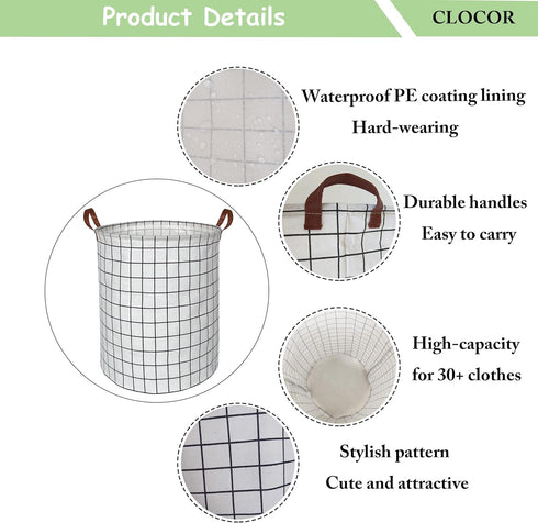 CLOCOR Collapsible Round Laundry Hamper - Large Storage Basket for Boys and Girls - White Check