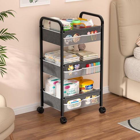 3 Baby Diaper Caddy Rolling Utility Cart, Tier Baby Essentials Nursery Organizer and Storage with Dividers and Drawers