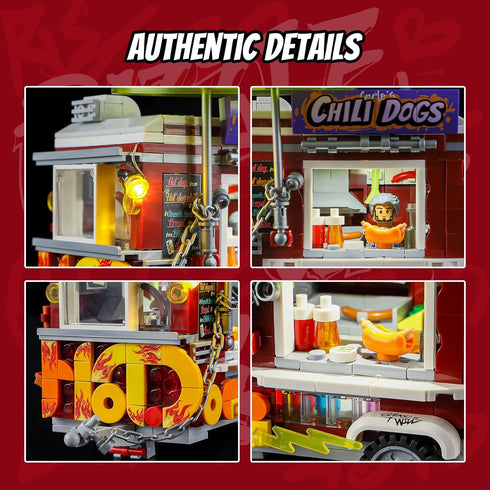 Set 515 FUNWHOLE Chili Dog Trailer Lighting Building Bricks - Street Fusion City Town Hot Food Truck with LED Light