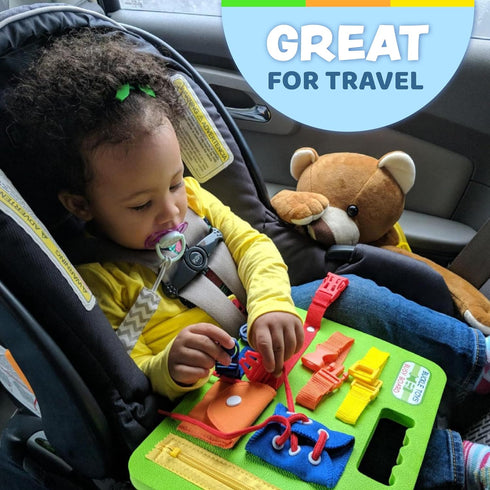 Buckle Toys Green Busy Board for 1 Year Old Toddlers, Montessori Travel Essentials for Kids to Develop Fine Motor Skills