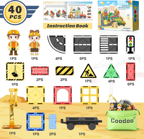 Set 4-6 5-7, 3+ Coodoo Kids Games Magnetic Tiles Road with Extendable Magnetic Crane, City Construction Building Toys