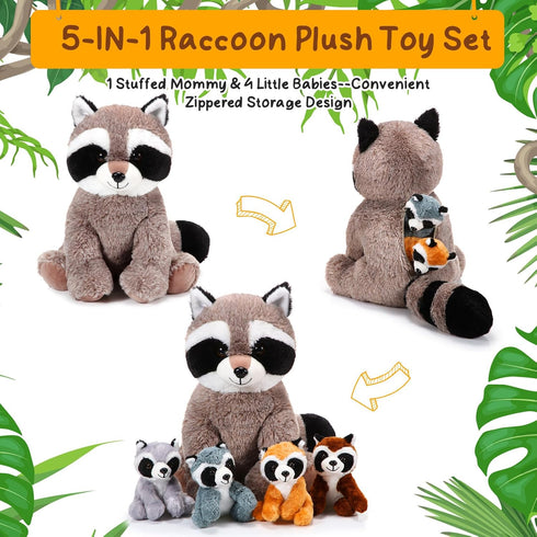 5 Set Mommy 4 Tummy Pcs Raccoon Stuffed Animal Adorable Raccoon Plush with Babies in Soft Cuddly Plushie for Birthday