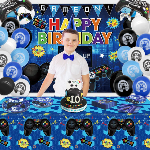 10th Birthday Decorations for Boys, 81 Pcs Level 10 Video Game Party Supplies, Serves 20 with Plates Napkins Forks