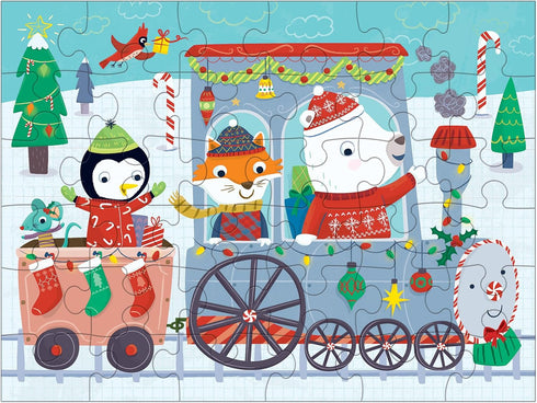 Mudpuppy Christmas Train to Go Puzzle, 36 Pieces, 12” x 9” for Ages 3-6, Colorful Holiday Artwork