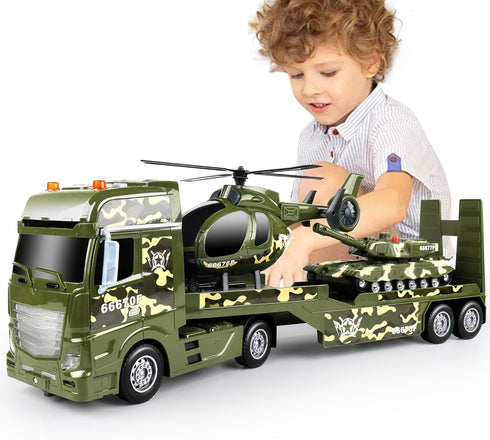 Dwi Dowellin Green Military Big Truck Toys,25.6" Semi Truck Toy with Helicopters