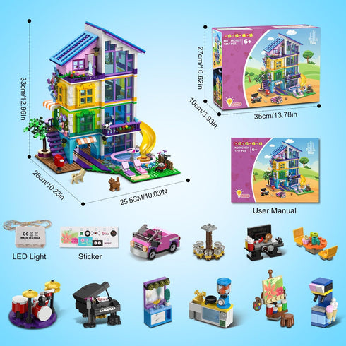 Set 1317 4 8-14+ HOGOKIDS Girls House Building with LED Light - PCS Friends Villa Block Toy with Car and Pool, Garden