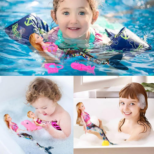 BYCICI Set 4-7 Summer Magical Mermaid Dolls for Girls - Princess Twin Dolls with Color-Changing Purple Dolphin, Outfits