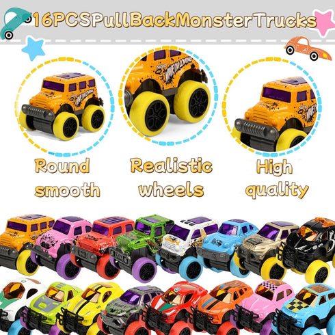 16Pcs SUNPROUND Mini Monster Truck Toys,Pull Back Alloy Trucks Party Favors, Die-cast Race Cars for Boys Girls Easter
