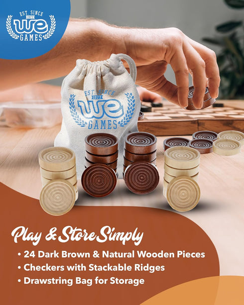 WE Games Wooden Checkers Pieces Only (1.06 inch), 24 Brown and Natural Stained with Storage Bag