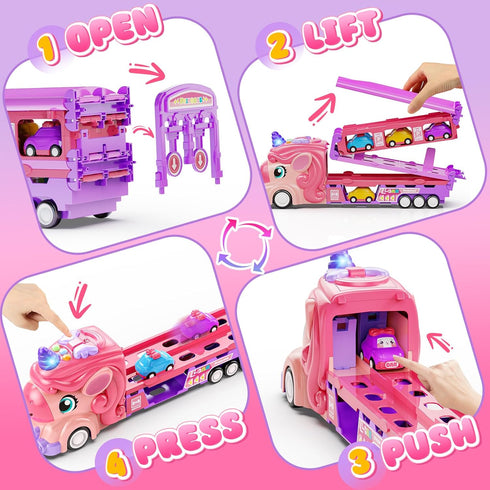 Set 6 2-Player 3, 4, 5, 6, 7 Hot Bee Girls Toy Car with Unicorn Toys Truck - Princess Cars & Fold Out Track with Light