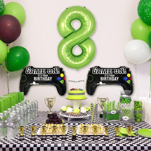 Video Game Party Balloons for Boys 8th Birthday Decorations - 2 Packs Game Controller Mylar Balloons with Green Number 8