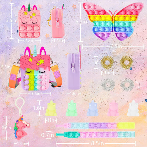 Pop Purse Pack Toy, Unicorn Rainbow Shoulder Crossbody Mini Keychain, Birthday Gifts for Kids Girls