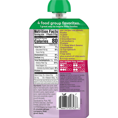 Plum Organics Mighty 4 Organic Toddler Food - 4 oz Pouch (Pack of 12) - Pear, Cherry, Blackberry, Strawberry, Black