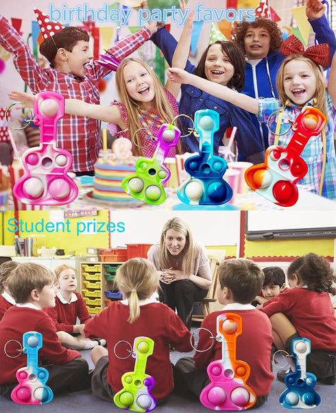 20 Packs Rainbow Bulk Music Mini Pop Guitar Bubble Fidget Keychain Gift for Holiday Kids Boys Girls Beach Party Favors