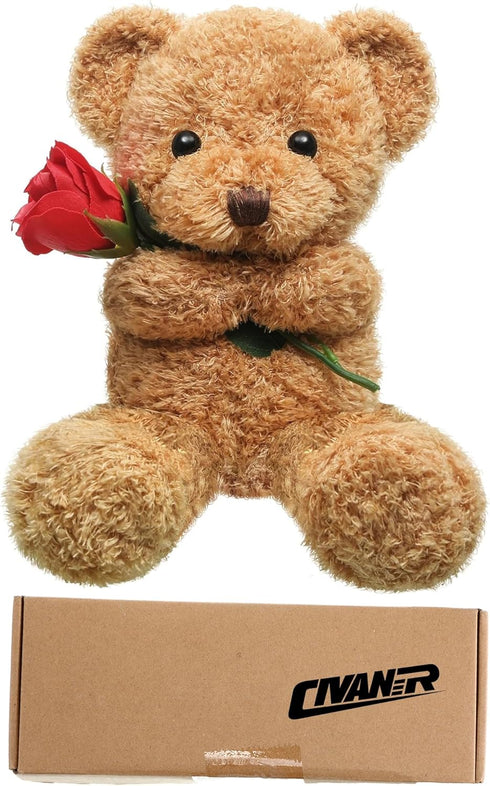 Christmas Plush Stuffed Animal Bear with Rose, Cute Gifts for Kids, Toddler, Girlfriend, 11.8 Inches
