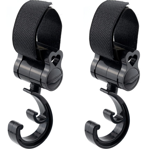 2 Pack Stroller Hooks, 360 Degree Rotatable Hanging Clips for Mommy, Multipurpose Stroller Clip Straps (Black)