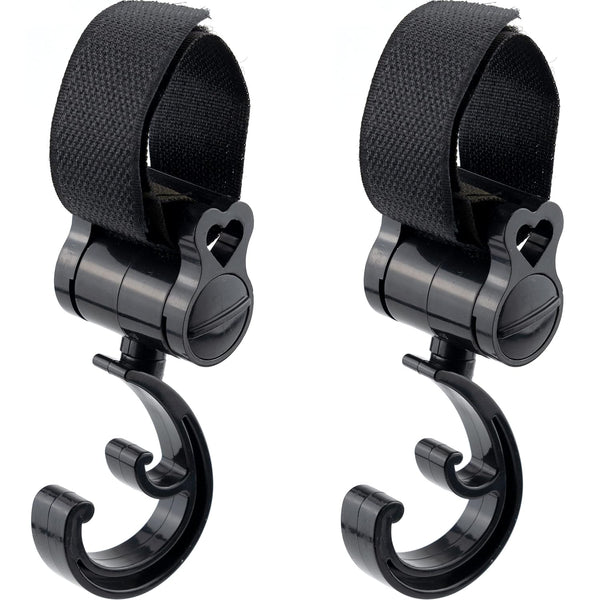 2 Pack Stroller Hooks, 360 Degree Rotatable Hanging Clips for Mommy, Multipurpose Stroller Clip Straps (Black)