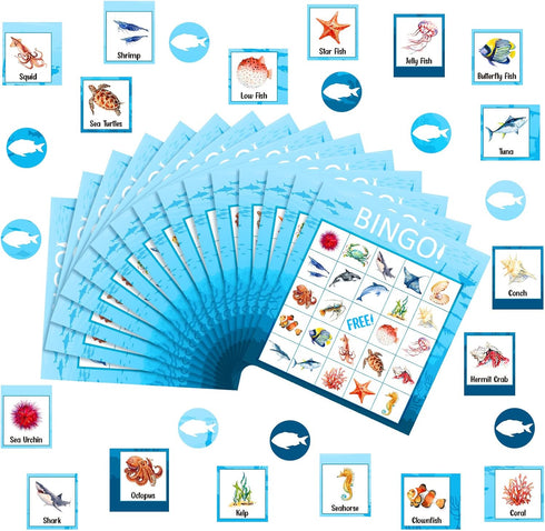 Fainne Ocean Bingo Game - 28 Players for Kids, Under Sea Creature Playing Cards, Educational Memory Group Games