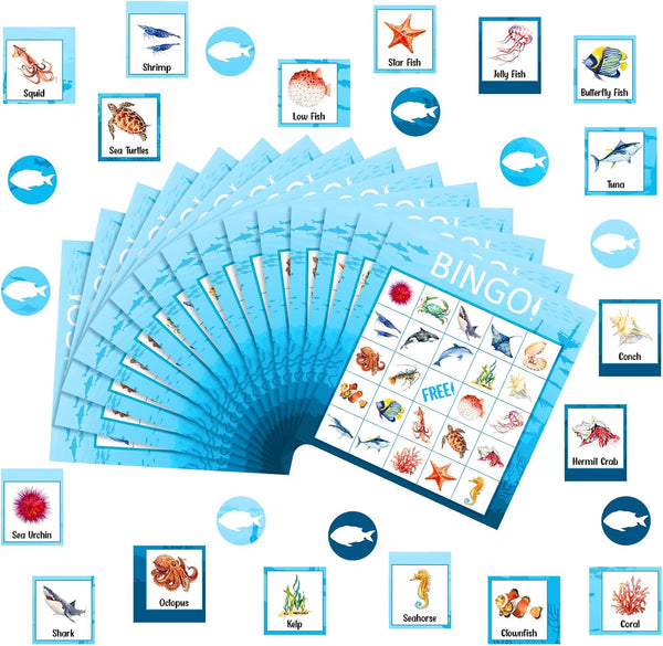 Fainne Ocean Bingo Game - 28 Players for Kids, Under Sea Creature Playing Cards, Educational Memory Group Games