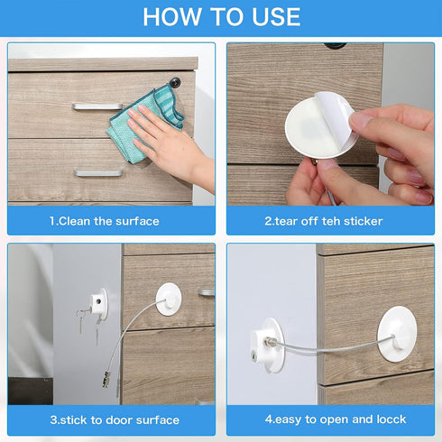 8 Pieces Refrigerator Lock with 10 Keys, Fridge Lock and Child Safety Cabinet Locks with Strong Adhesive (White)