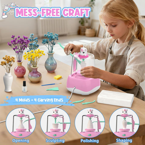 2.3in 8-12, 6-12+, Mini Pottery Wheel for Kids - Pottery Painting Craft Kit with Turntable, Clay, Flowers, Mess Free