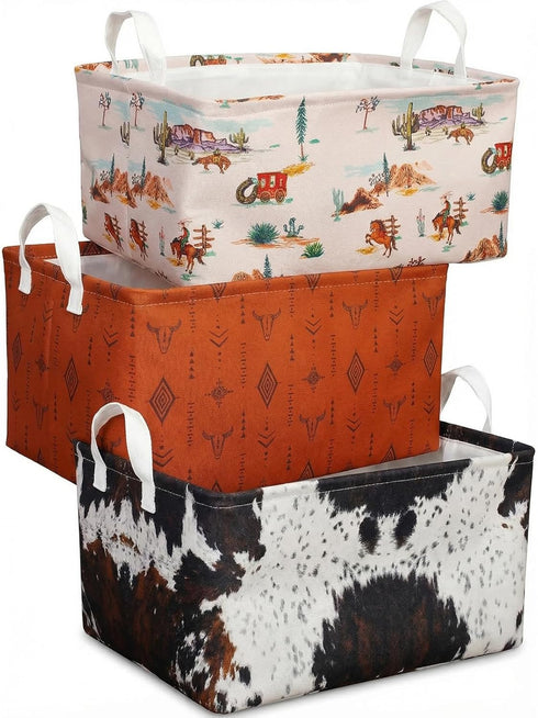 BBSET 3 Closet Pcs Western Bull Boho Rectangle Storage Basket Collapsible Highland Cow Storage Bin for Nursery Toys