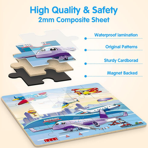 SYNARRY Air Land Water Transport Magnetic Puzzles for Toddlers 2-4, 20 Pieces Travel Puzzles for Kids Ages 4-6