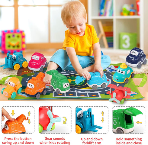 ALASOU 9 PCS Baby Cranes Car Toys with Playmat, 1st Birthday Gifts for 1-2 Year Old Boys
